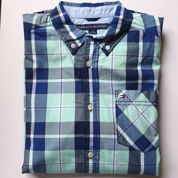 Tommy Hilfiger Mint Green & Navy Plaid Button-Up 100% Cotton Polo Big Boy Lg - Picture 3 of 10